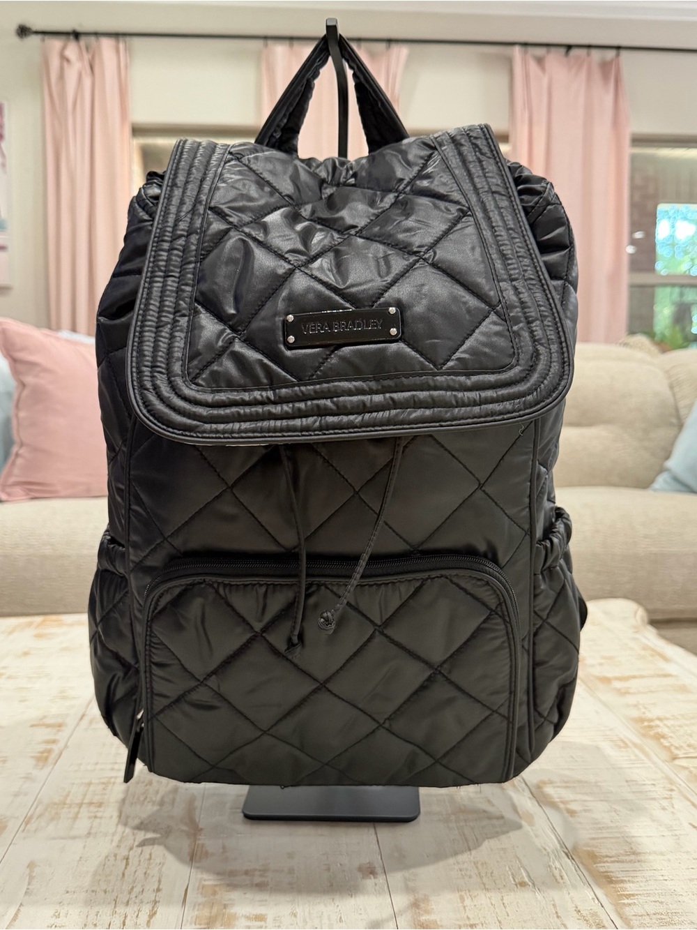 Vera Bradley Backpack Puffy Quilted Black Backpack Houndstooth Lining NWOT